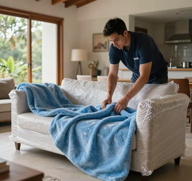 An interior shot of a living room where furniture is being carefully wrapped in protective bubble wrap and Soft Blue blankets, high-quality professional service style, South American / Brazilian architecture.