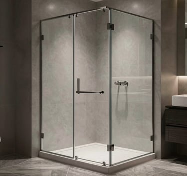 A sleek, frameless glass shower enclosure in a modern bathroom with geometric gray floor tiles and a minimalist aesthetic, North American / US luxury interior.
