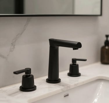 A close-up high-end interior shot of matte black bathroom fixtures against a pristine white marble backsplash in a modern Los Angeles residence, sophisticated lighting.