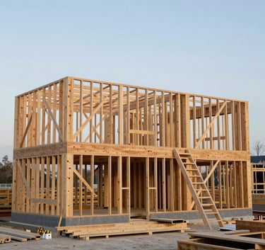 A professional construction site showing the sturdy timber frame of a new house against a clear sky, highlighting quality materials and organized work, in a clean and approachable photographic style.
