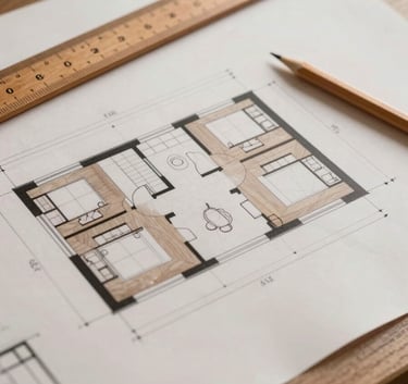A close-up of an architect's desk with detailed floor plans, a wooden ruler, and a pencil, emphasizing the precision and craftsmanship of custom home design in tones of warm alabaster and muted taupe.