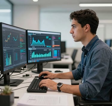 A professional IT specialist in an Ecuadorian business environment, focused on monitoring cybersecurity metrics on multiple sleek screens, modern and clean style.