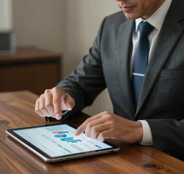 A professional North American / US financial consultant in business attire sitting at a mahogany table, gesturing towards a tablet screen while explaining financial data. Sophisticated lighting, sharp focus, professional mood.