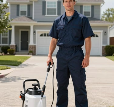 A professional North American / US male technician in a clean, dark navy blue uniform standing proudly next to his pressure washing equipment in a sunny driveway. The background shows a pristine, recently washed home. High-end photography style.