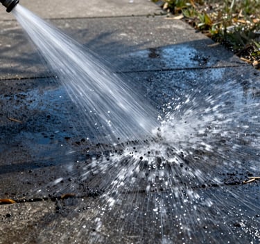 An action shot of a high-pressure water stream stripping away dark grime from a concrete sidewalk in a North American / US residential suburb. The water droplets are crisp and frozen in motion. Colors: Dark Navy Blue and Slate Grey.