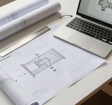 A top-down view of a bright, minimalist drafting desk in Florida with rolled blueprints, a precision ruler, and a laptop displaying a technical drawing, warm natural light, North American / Florida style.