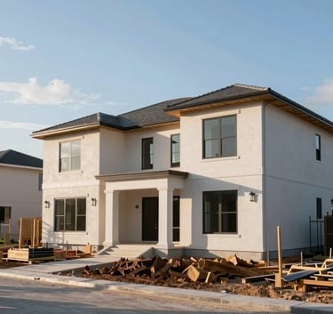 A wide photography shot of a modern Florida residential construction site under a clear sky, showing the clean geometric lines of the frame, North American architecture, bright morning lighting.