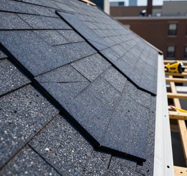 Close-up of professional roofing installation in North American / NYC, dark navy shingles being placed, safety yellow tools visible on the side, bright daylight.