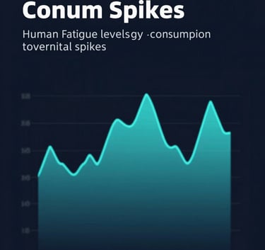 A sophisticated data visualization graphic showing the correlation between human fatigue levels and machine energy consumption spikes. The aesthetic is deep-tech and minimalist, utilizing #8DBEB7 aqua highlights against an authoritative #0A1D2B dark background.
