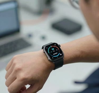 Close-up of a worker wearing a sleek industrial smartwatch on a factory floor. The watch face displays health biometrics using #8DBEB7 glowing accents. The scene is bright and highlights human-centric technology in a high-tech #F0F7F5 industrial setting.