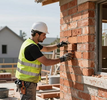 Professional photography of a construction site in Meyreuil, France. A mason in a safety vest is precisely laying bricks for a residential house wall during a bright day. Modern equipment visible.