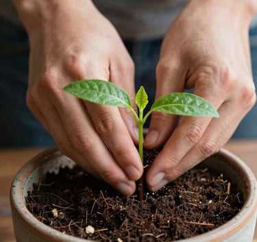A close-up shot of hands carefully planting a small green sapling into a ceramic pot filled with rich soil, symbolic of financial growth and saving from small beginnings, North American / US indoor setting.