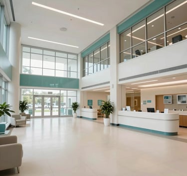 A wide shot of a modern, professional North American medical facility lobby with glass walls, clean off-white surfaces, and subtle teal architectural details.