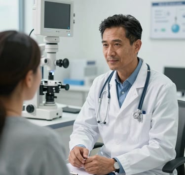 A compassionate North American physician consulting with a patient in a bright, innovative clinical setting, emphasizing empathetic healthcare and modern diagnostic tools.