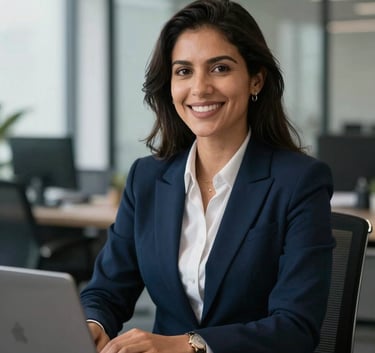 a confident South American / Brazilian accountant in a modern dark navy blue and slate blue office, professional and welcoming