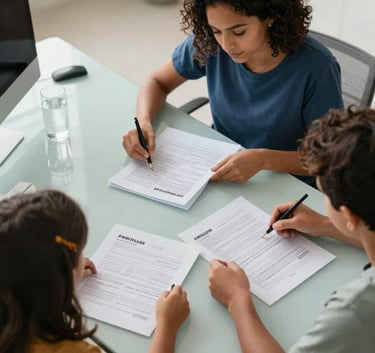a South American / Brazilian family reviewing financial documents at a clean light steel blue desk, elegant and modern atmosphere