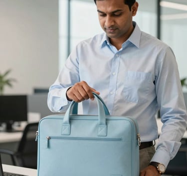A professional South Asian / Indian business owner in a modern office, reviewing a premium customized leather laptop bag with a clean corporate logo, soft natural lighting, Misty Blue and Soft Ice White color accents.