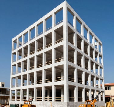 A premium, wide-angle shot of a modern architectural project under construction in a Southern African urban environment, vibrant blue sky, featuring amber-colored equipment and clean white structural lines.