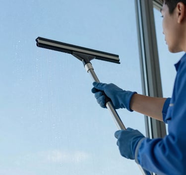 A professional window cleaner using a squeegee on a large glass window, clear blue sky background, sparkling water droplets, bright and crisp lighting, incorporating #8BBFDE and #EBF5F9 colors.