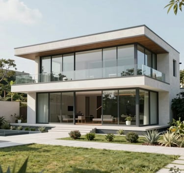 A modern luxury home with expansive glass walls, perfectly transparent and shining, surrounded by a well-kept garden, midday light, clean aesthetic with #EBF5F9 highlights.