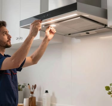 Photography of a technician installing a sleek kitchen extractor hood over a modern stove, with clean silver mist surfaces and bright interior lighting.