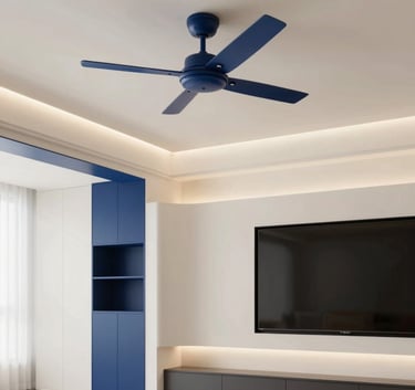 A professional wide-angle shot of a modern, well-lit living room featuring sleek LED lighting strips and a ceiling fan, showcasing a clean and efficient electrical installation in shades of off-white and deep midnight blue.