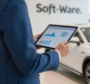 A professional person in a Steel Blue business suit standing in a modern showroom, holding a digital tablet. The tablet shows data-driven charts. The background is a clean Soft Off-White car dealership.