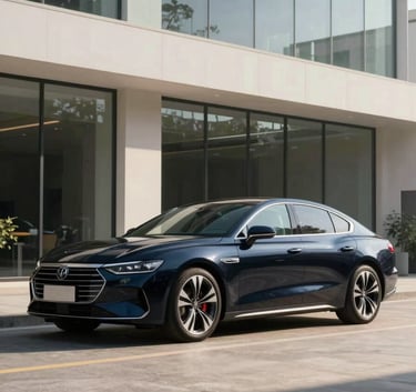 A sleek, Dark Slate Blue luxury sedan parked in front of a modern glass building with Soft Off-White architectural details. Professional automotive photography, clear morning light, highlighting the car's streamlined design.