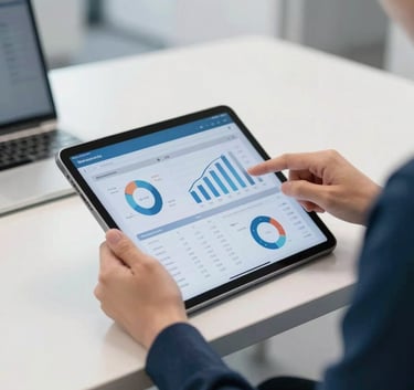 Professional close-up of a person in premium athletic wear reviewing marketing performance data on a tablet in a bright, modern North American office with a clean, minimalist aesthetic.