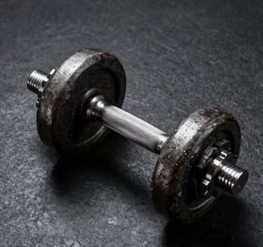 A minimalist, high-contrast studio photograph of a single heavy steel dumbbell on a dark, textured charcoal floor, reflecting a premium and strong brand aesthetic, North American style.