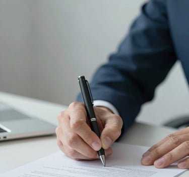 A close-up of a professional signing a document on a clean desk, symbolizing legal clarity and credit registration, with soft lighting and #A7B9C7 tones.