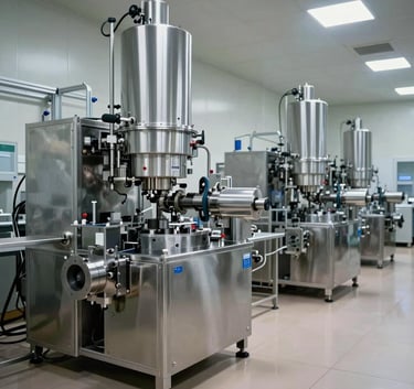 An interior shot of a large-scale pharmaceutical manufacturing plant. Gleaming stainless steel machinery and automated production lines are visible on a polished floor. The setting reflects a modern industrial facility in India with a focus on hygiene and precision engineering.