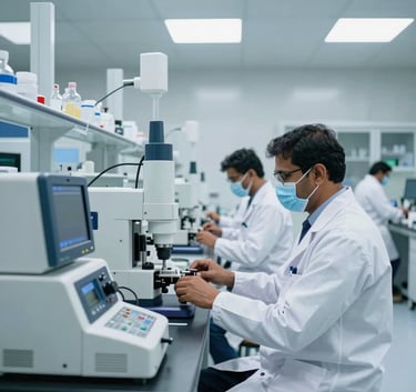 A wide-angle professional photograph of a sterile, high-tech pharmaceutical laboratory in Bangalore. South Asian / Indian scientists in white lab coats and protective gear are operating sophisticated precision equipment. The environment is clean and clinical with bright lighting and deep blue corporate accents.