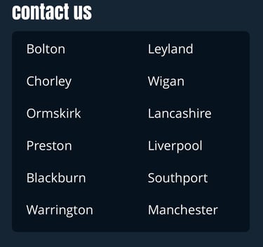 Contact us locations including Bolton, Chorley, Preston, Blackburn, Warrington, Liverpool, and Manchester.