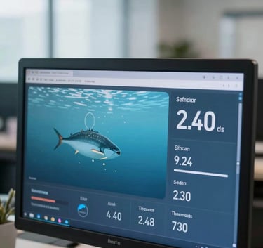 A high-tech digital dashboard displaying aquaculture metrics on a large screen in a modern Southeast Asian / Indonesian office, soft focus on the background, featuring Soft Mist Blue and Ocean Blue colors.