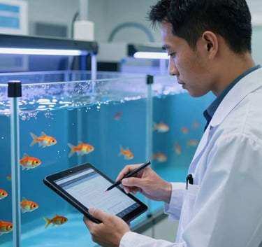 A professional Southeast Asian / Indonesian technician in a clean, modern facility using a digital tablet to monitor water quality in large indoor fish tanks, cinematic lighting with Ocean Blue and Sky Blue tones.