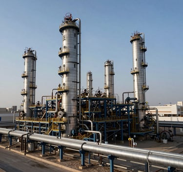 A high-angle professional photograph of a massive industrial refinery in Jubail, Saudi Arabia, featuring complex steel structures and pipelines in Dark Gray and Steel Blue against a clear sky.
