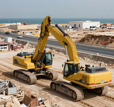 Professional photography of a road construction site in a Middle Eastern coastal region, featuring heavy machinery and foundation works for a new industrial highway.