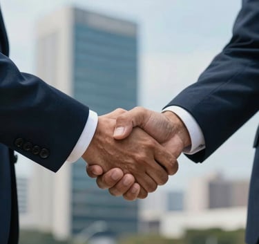 Close-up of a firm handshake between two professionals in business attire, South American Brazilian context, outdoors with a soft-focus background of modern architecture, sky blue and navy blue tones.