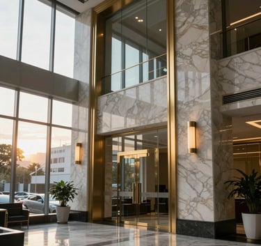A sophisticated corporate lobby in a major Brazilian financial district, with marble textures and gold accents, reflecting a professional and trustworthy atmosphere, sunset light through large windows.