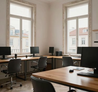 A high-end, bright professional study space in Lisbon with wooden tables and large windows, soft morning light, European Portuguese architecture visible outside.