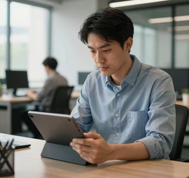 A focused adult learner in a modern European office setting, using a digital tablet for professional development, warm natural lighting, steel blue and light grey-blue tones.