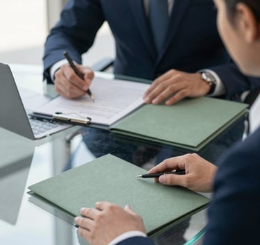 A close-up photograph of a professional meeting between consultants and a client in a bright North American / US office, featuring a clean glass table, forest sage colored folders, and professional attire.