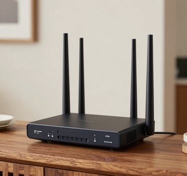 A high-end modern LTE router sitting on a polished wooden console table in a bright Southern African home. The background is a soft-focus interior with off-white walls.