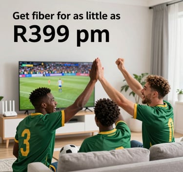 A close-up photograph of a sleek, professional LTE modem with glowing teal indicator lights, placed next to a modern smartphone on a glass desk in South Africa.