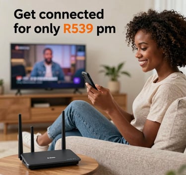 A high-end modern LTE router sitting on a polished wooden console table in a bright Southern African home. The background is a soft-focus interior with off-white walls.