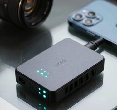 A close-up photograph of a sleek, professional LTE modem with glowing teal indicator lights, placed next to a modern smartphone on a glass desk in South Africa.