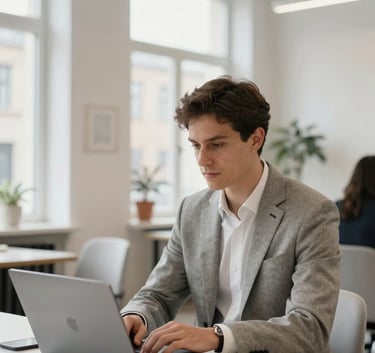 A professional entrepreneur in a tailored suit working on a sleek laptop in a bright, modern Northern European co-working space with large windows and minimalist decor, emphasizing a trustworthy and professional atmosphere. The scene features silver and off-white tones.