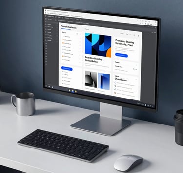 A clean, organized desk in a London home office with a high-end monitor displaying a professional branding style guide. The lighting is soft and natural, featuring muted blue and silver accents in the furniture and tech gadgets.