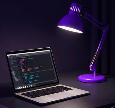 Professional photography of a sleek, dark office desk at night. A laptop displays lines of code, illuminated by a glowing electric purple desk lamp. Deep midnight navy shadows in the background.